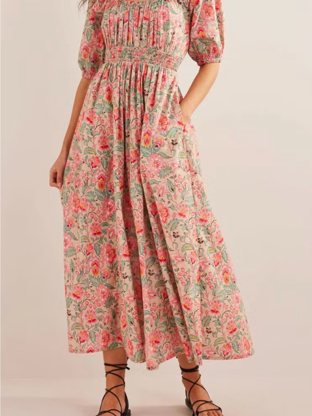 Boden Pink Floral Maxi Dress with Smocked Waist